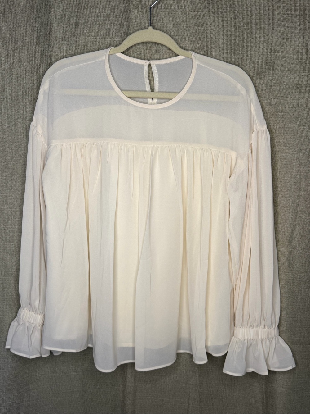 Ivory Sheer Babydoll Blouse Ruffle Bell Sleeves